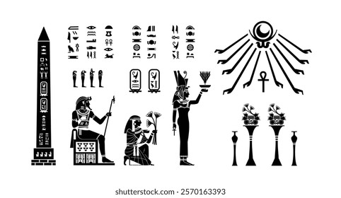  Egyptian papyrus with king and queen offering sacrifice to the gods in silhouette. Ancient Egyptian gods and goddesses in historical hieroglyphic paper art.