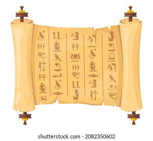 Egyptian papyrus scroll. Ancient egyptians hieroglyphs on old paper, egypt historical archaeological manuscript with pharaoh and pyramid, neat cartoon vector. Illustration of old ancient papyrus