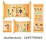 Egyptian papyrus set from Book of Dead with afterlife ritual in Duat, Weighing of Heart by gods Anubis, Osiris judgment set. Vector illustration of ancient Egypt papyrus with hieroglyph text & art
