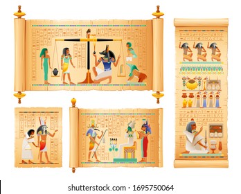 Egyptian papyrus set from Book of Dead with afterlife ritual in Duat, Weighing of Heart by gods Anubis, Osiris judgment set. Vector illustration of ancient Egypt papyrus with hieroglyph text & art