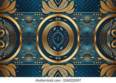 Egyptian pattern gold and blue background. Abstract traditional folk ancient antique tribal ethnic graphic line. Ornate elegant luxury vintage retro style. Texture textile fabric ethnic Egypt patterns