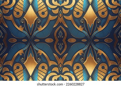 Egyptian pattern gold and blue background. Abstract traditional folk ancient antique tribal ethnic graphic line. Ornate elegant luxury vintage retro style. Texture textile fabric ethnic Egypt patterns