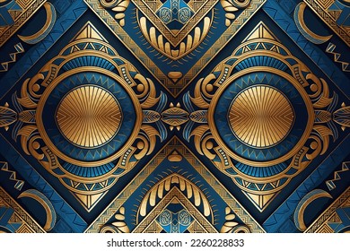 Patrón egipcio oro y fondo azul. Resumen de la antigua línea gráfica de la etnia tribal tradicional folk antiguo. Elegante estilo retro vintage de lujo. Tejido textil de textura de la etnia egipcia