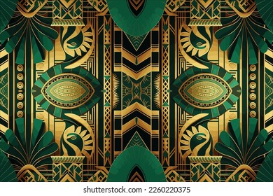 Egyptian pattern gold and green background. Abstract traditional folk ancient antique tribal ethnic graphic line. Ornate elegant luxury vintage retro style. Texture textile fabric ethnic Egypt pattern