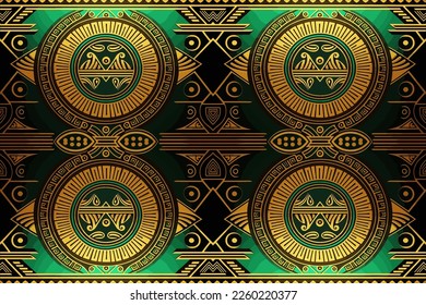 Egyptian pattern gold and green background. Abstract traditional folk ancient antique tribal ethnic graphic line. Ornate elegant luxury vintage retro style. Texture textile fabric ethnic Egypt pattern