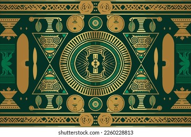 Egyptian pattern gold and green background. Abstract traditional folk ancient antique tribal ethnic graphic line. Ornate elegant luxury vintage retro style. Texture textile fabric ethnic Egypt pattern