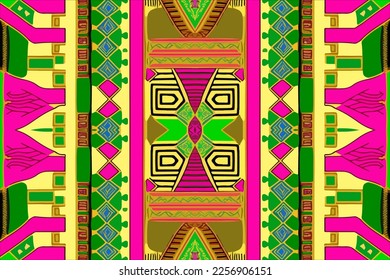 Egyptian pattern green pink and yellow background. Abstract traditional folk antique tribal ethnic graphic line. Ornate elegant luxury vintage retro style. Texture textile fabric ethnic egypt patterns