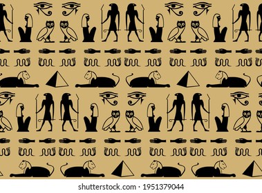 Egyptian pattern with sphinx pyramid pharaoh Cleopatra snake eye and hand hieroglyphs. Papyrus seamless vector ornament of traditional egyptian hieroglyphs woman, man, owl, sphinx, pyramid, Ra eye