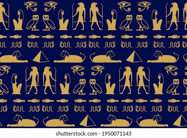 Egyptian pattern with sphinx pyramid pharaon Cleopatra snake eye and hand hieroglyphs. Gold blue seamless vector ornament of tradiotional egyptian hieroglyphs woman, man, owl, sphinx, pyramid, Ra eye
