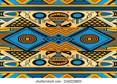 Egyptian pattern yellow and blue background. Abstract traditional folk old ancient antique tribal ethnic graphic line. Ornate elegant luxury vintage retro style. Texture textile fabric ethnic Egypt.