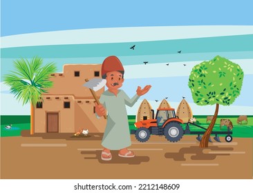 An Egyptian peasant standing in front of his country house carrying an ax and behind him an agricultural land and some animals 