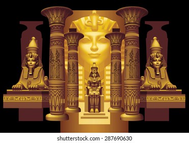 Egyptian Pharaoh between two sphinxes and four columns monochrome