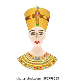 Egyptian pharaoh Cleopatra or Nefertiti with a beautiful color in the face of ancient ethnic patterns, with jewels and a crown on his head.