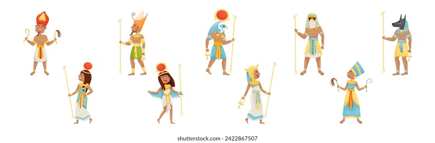 Egyptian Pharaoh and Deities Wearing Antique Clothing Vector Set