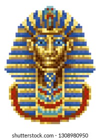 Egyptian Pharaoh Mask Icon in a retro 8 bit arcade video game pixel art style.