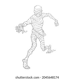 Egyptian Pharaoh Mummy crawling and reaching out. Halloween character design. Black and white line drawing isolated on white background. EPS10 Vector illustration.