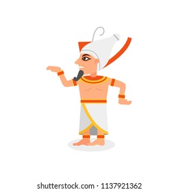 Egyptian pharaoh in pose. Cartoon male character with beard, dressed in traditional clothing and hedjet crown on head. Flat vector icon