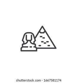 Egyptian Pharaoh and pyramid line icon. linear style sign for mobile concept and web design. Pyramid and sphinx outline vector icon. Symbol, logo illustration. Vector graphics