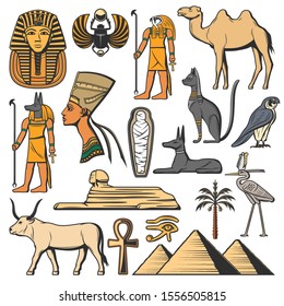 Egyptian pharaoh, pyramids and Gods. Ancient Egypt vector icons. Sphinx, cat and mummy, eye of Horus, Anubis and Ankh hieroglyph, Tutankhamun, Nefertiti and scarab, desert palm and camel