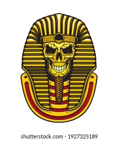 Egyptian pharaoh skull vector design with gold mask of Ancient Egypt king. Death mummy skeleton head of Tutankhamun with royal crown, striped nemes and braided beard, horror tattoo or t-shirt print