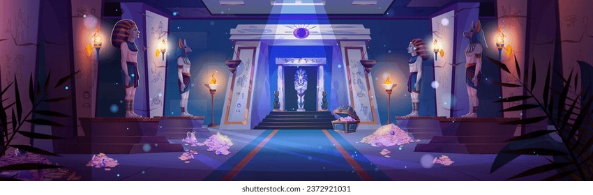 Egyptian pharaoh temple with treasure and tomb. Night ancient Egypt palace background. pyramid inside room interior with sarcophagus, torch fire, hieroglyphics on wall and magic moonlight sparkle.