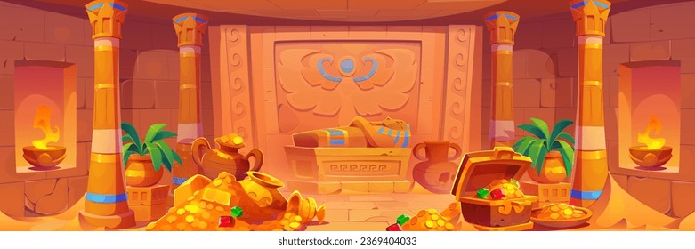 Egyptian pharaoh tomb with columns and mummy in sarcophagus on stone stand, pile of golden coins and treasure, ancient vases and plants. Cartoon vector illustration of Egypt pyramid interior.