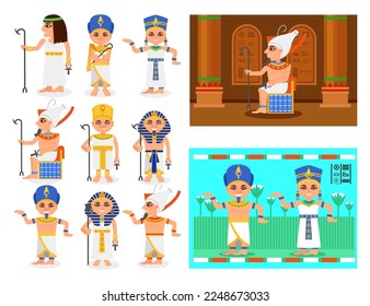 Egyptian Pharaoh Wearing Antique Clothing with Ankh and Scepter Big Vector Set