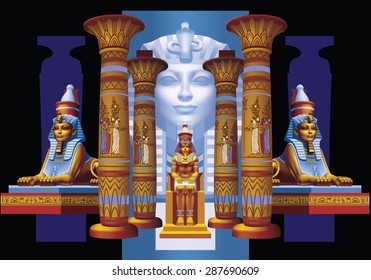 Egyptian pharaohs between four columns and two sphinxes polychrome