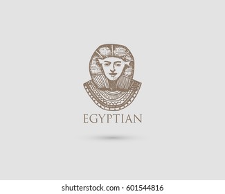 Egyptian pharaon logo with symbol of ancient civilization vintage, engraved hand drawn in sketch or wood cut style, old looking retro