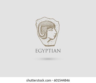 Egyptian pharaon logo with symbol of ancient civilization vintage, engraved hand drawn in sketch or wood cut style, old looking retro