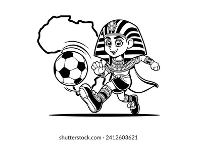 Egyptian pharaonic king cartoon mascot character playing football soccer Africa continent team vector art comic drawing