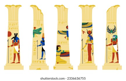 Egyptian pillar. Ancient broken columns with ornamental shapes, temple building decorative elements 2d style. Vector isolated set of ancient pillar from egyptian civilization illustration