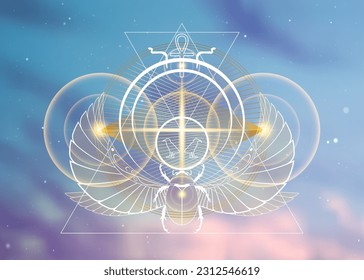 Egyptian Planetary sacred geometry, Scarab beetle gold lines overlap, triangles shape on circles. Orbits of divine energy. Alchemy, magic, esoteric, occultism symbols. Golden cross vector illustration