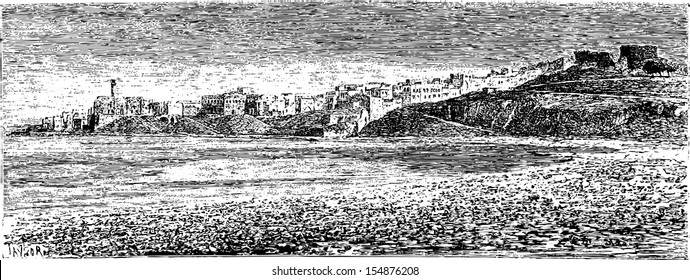 Egyptian Port in the City of Sidon in Lebanon, vintage engraved illustration. Le Tour du Monde, Travel Journal, 1881