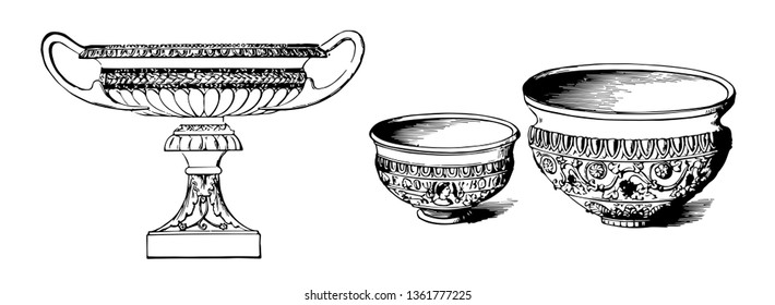 Egyptian pottery created vases made out of clay, vintage line drawing or engraving illustration.