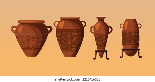 Icono de cerámica egipcia. Vase, olla, ánfora, jarra. Decoración floral geométrica del arte antiguo de Egipto. Dibujo 3d realista, ilustración vectorial aislado fondo