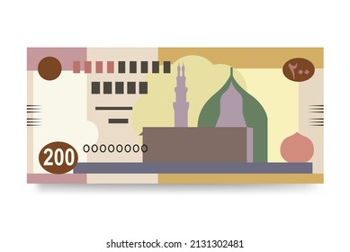 Ilustración del vector de libras egipcio. Egipto, la Franja de Gaza pusieron billetes en paquete. Dinero en papel 200 EGP. Estilo plano. Aislado sobre fondo blanco. Diseño sencillo y mínimo.