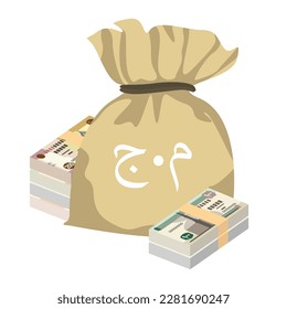 Egyptian Pound Vector Illustration. Egypt, Gaza Strip money set bundle banknotes. Money bag 20, 50, 100, 200 EGP. Flat style. Isolated on white background. Simple minimal design.
