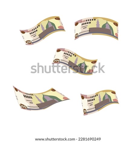 Egyptian Pound Vector Illustration. Egypt, Gaza Strip money set bundle banknotes. Falling, flying money 200 EGP. Flat style. Isolated on white background. Simple minimal design.