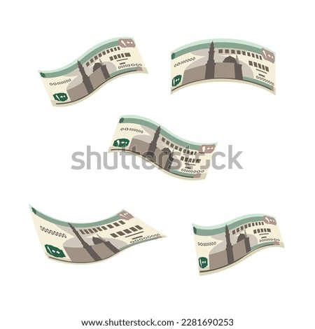 Egyptian Pound Vector Illustration. Egypt, Gaza Strip money set bundle banknotes. Falling, flying money 100 EGP. Flat style. Isolated on white background. Simple minimal design.