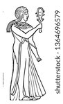 Egyptian Priestess playing a sistrum, vintage line drawing or engraving illustration.