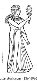 Egyptian Priestess playing a sistrum, vintage line drawing or engraving illustration.