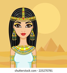 Egyptian princess in the desert with ancient pyramids.