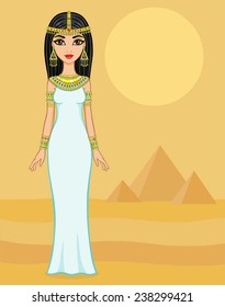 Egyptian princess in the desert with ancient pyramids. High growth.