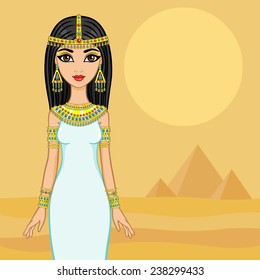 Egyptian princess in the desert with ancient pyramids.