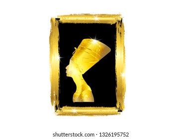 Egyptian profile with golden frame, Old Egyptian silhouette icon. Queen Nefertiti. Vector portrait Profile with gold jewels and precious stones coating in gold leaf, isolated or white background 