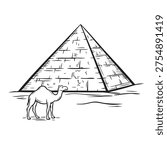 Egyptian pyramid and camel in desert vector line art.