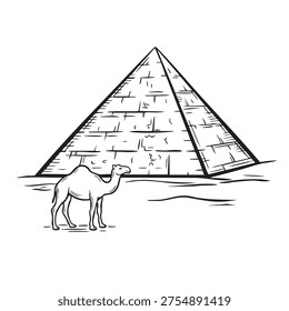 Egyptian pyramid and camel in desert vector line art.