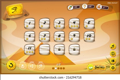 Egyptian Pyramid GUI Design For Tablet/ Illustration of a funny egyptian desert graphic game user interface background, in cartoon style with buttons, status bar, for wide screen tablet