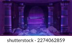 Egyptian pyramid interior at night with piles of gold and gemstones. Vector cartoon illustration of antique temple with pharaoh sarcophagus, pictures on walls and pillars, treasure chest, paper maps